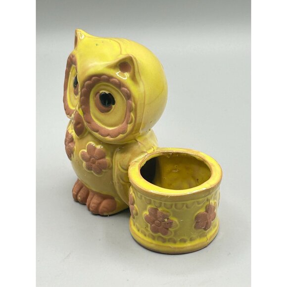 Vintage Small Owl Planter Yellow Glaze Red Clay Pottery Bird Kitsch Home Decor - Picture 4 of 9